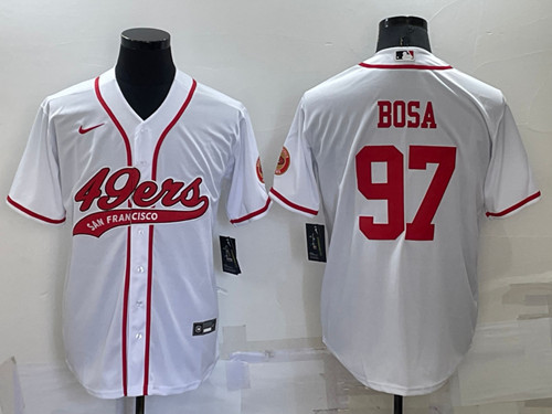 Men's San Francisco 49ers #97 Nick Bosa White Red Cool Base Stitched Baseball Jersey